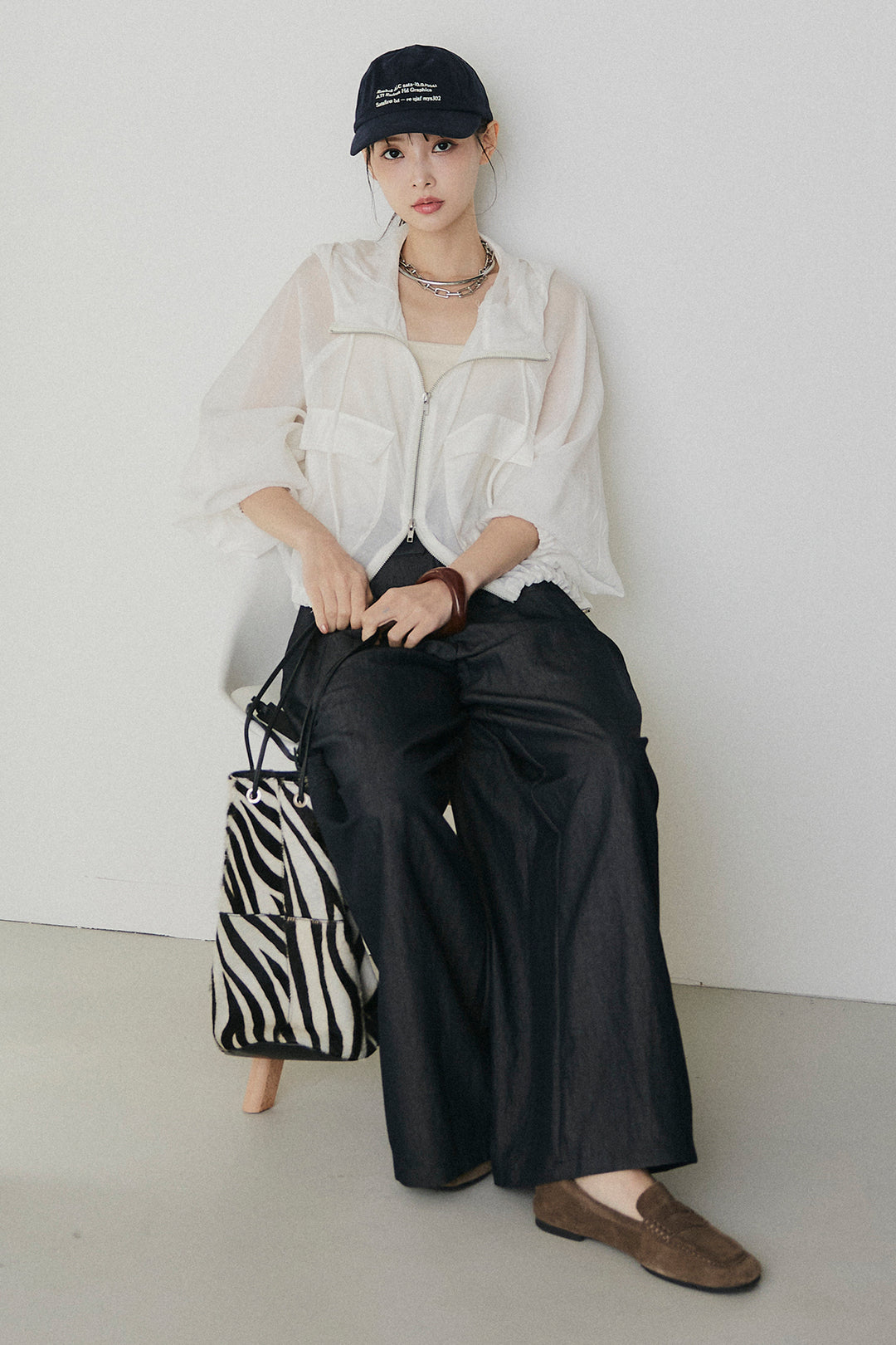 [SET]裾ドロストシアーWジップフーディーブルゾン+ウエスト折り返しワイドパンツ(2set)