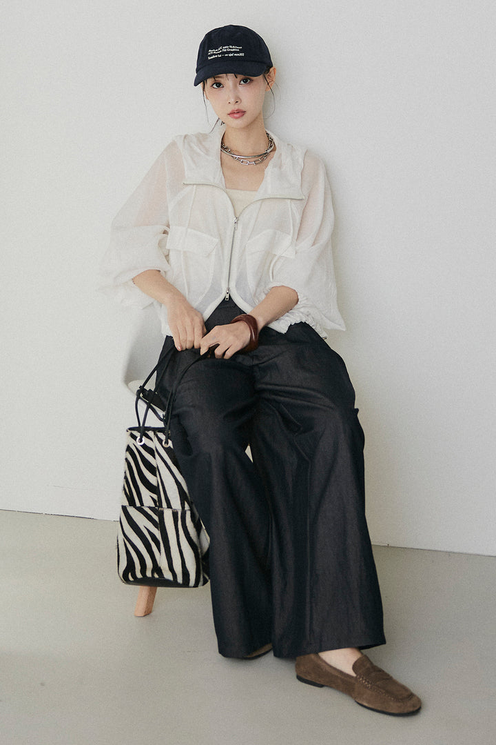 [SET]裾ドロストシアーWジップフーディーブルゾン+ウエスト折り返しワイドパンツ(2set)