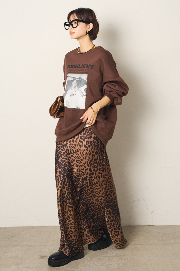 [SET]モノトーンプリントスウェット+レオパード柄サテンスカート(2set)