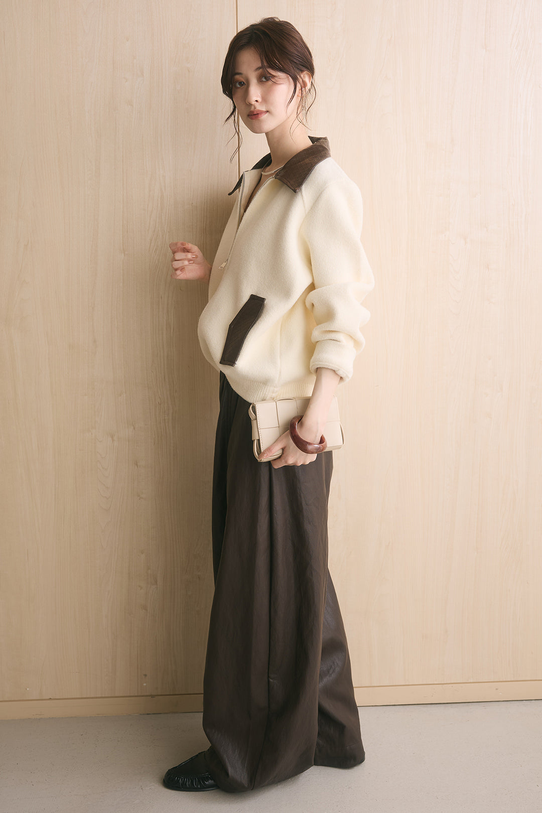 [SET]襟レザーライクジップブルゾン+フェイクレザーカーブワイドパンツ(2set)