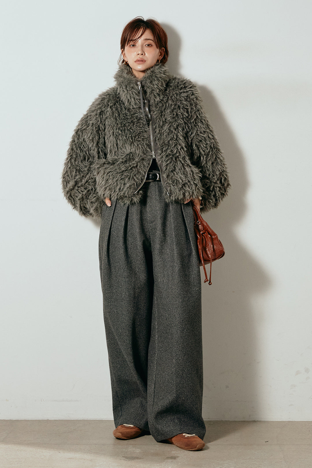 [SET]ミックスシープファースタンドブルゾン+フェイクウールタックトラウザーズパンツ(2set)