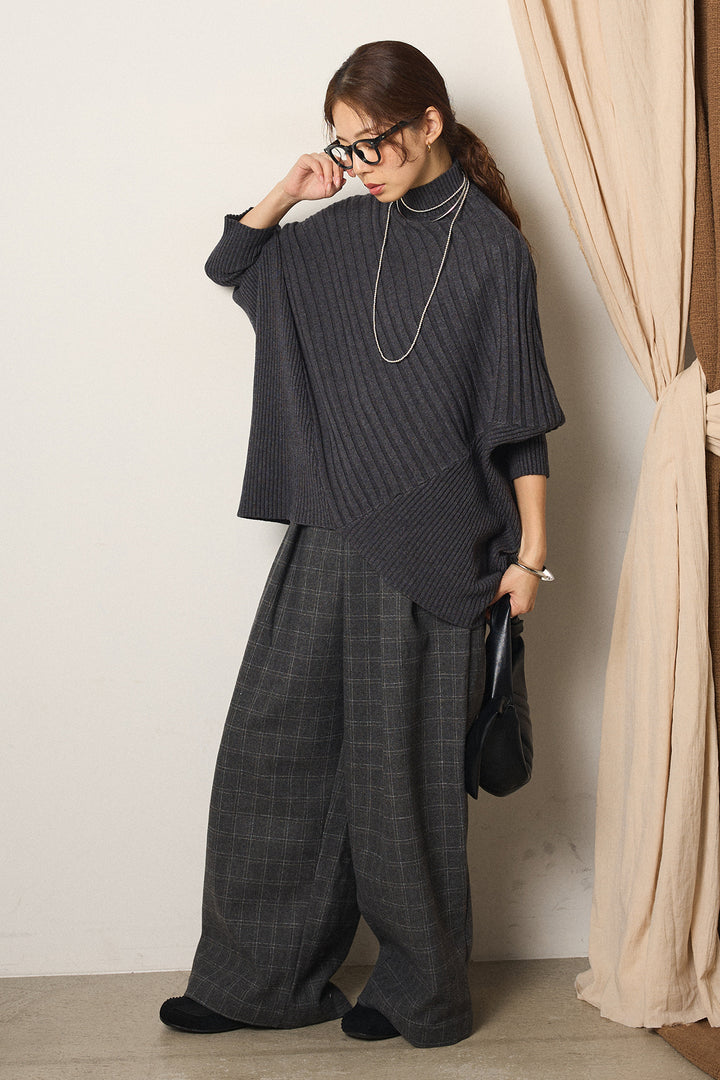[SET]アシメデザインリブポンチョニットトップス+ウールライクチェックタックパンツ(2set)