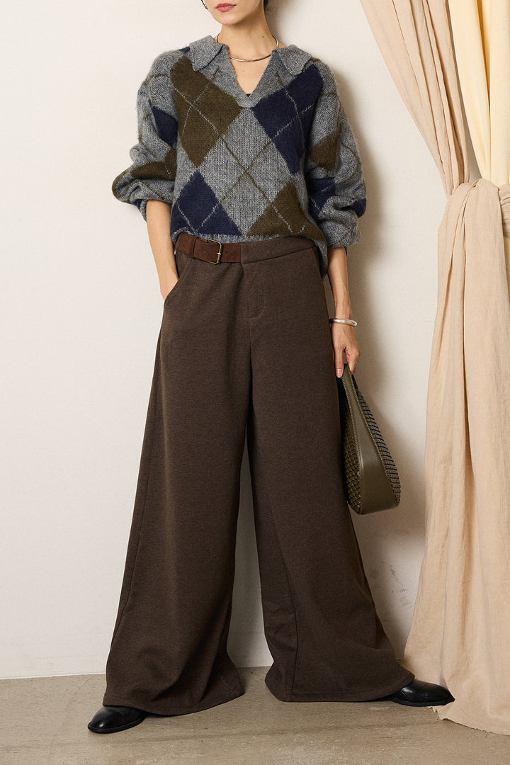 [SET]アクリルモヘアアーガイルキーネックプルオーバー+サイドベルトパンツ(2set)