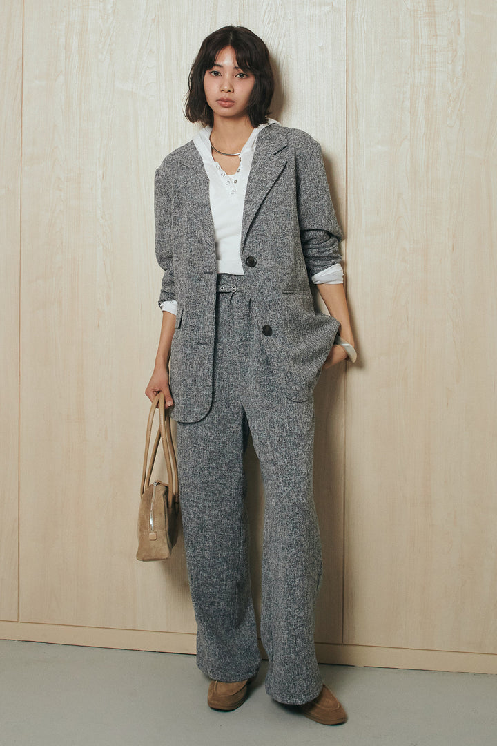 [SET]ミックスツイードベルト付きジャケット+ミックスツイードワイドパンツ+シアーリブフーディプルオーバー(3set)