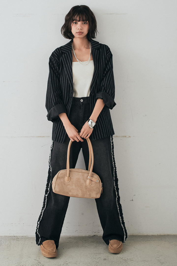 [SET]リネンライクストライプテーラードジャケット+デニムサイドフリルパンツ(2set)