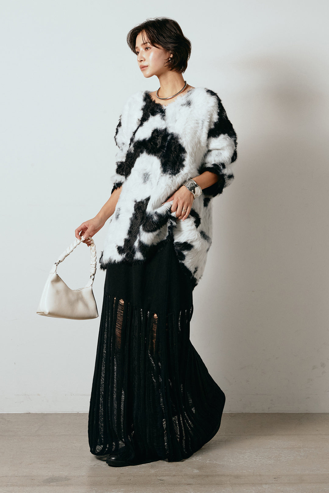 [SET]タイダイ柄シャギーニットトップス+裾シアーリブスカート(2set)