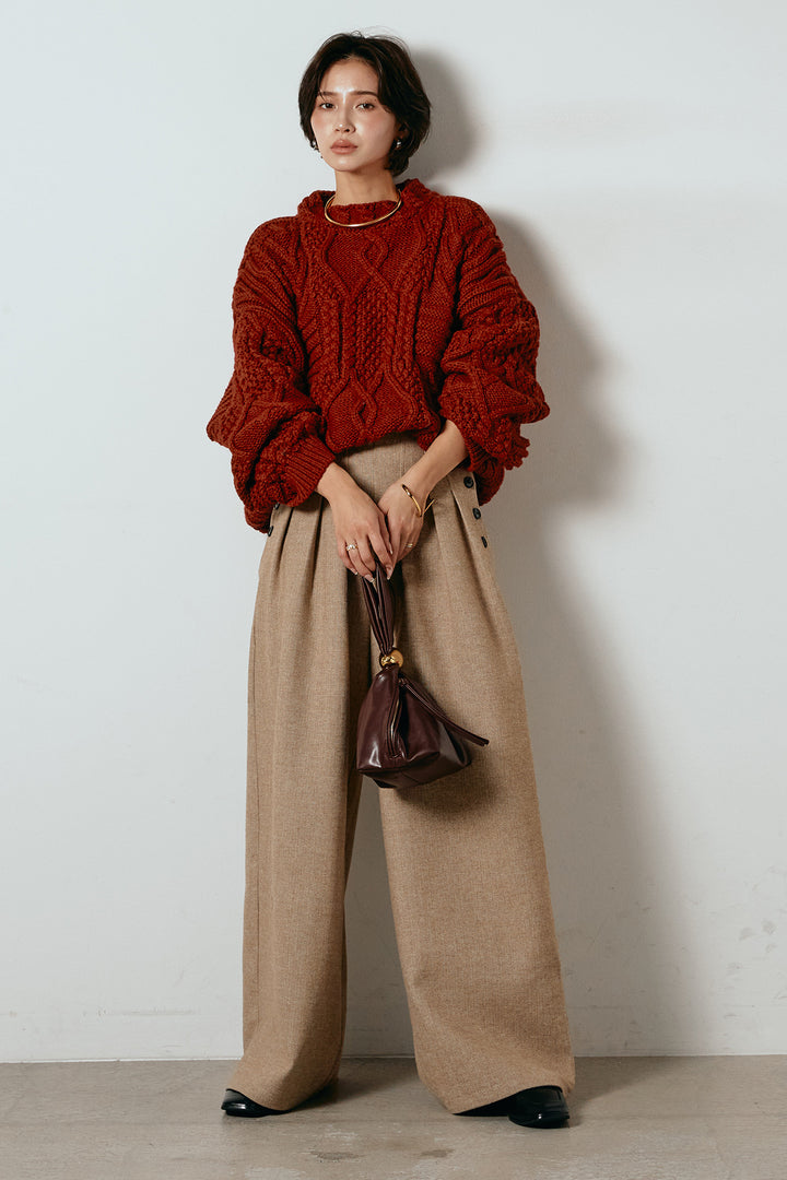 [SET]アラン柄ミックスケーブルニット+サイドボタンツイードタックパンツ(2set)