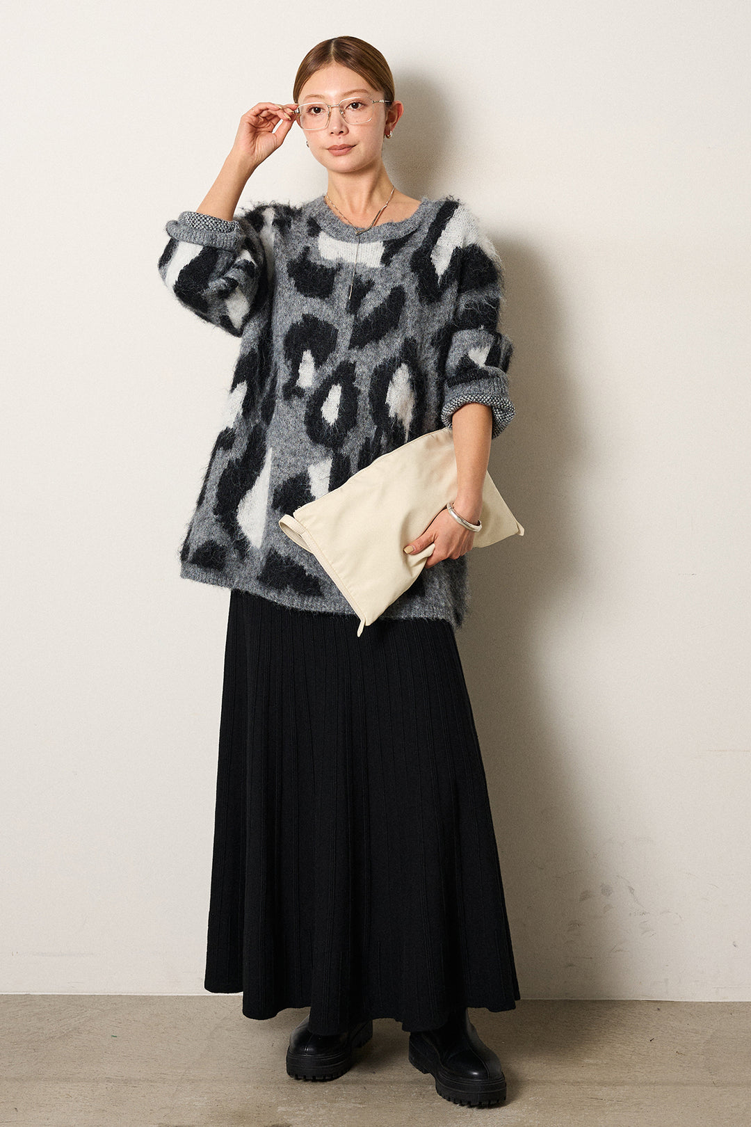 [SET]ルーズアニマルモヘアニットトップス+編み地切り替えフレアニットスカート(2set)