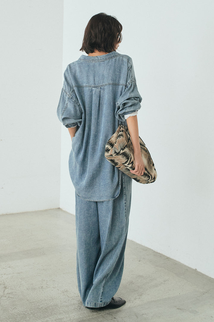 【着回しセット】[SET]テンセルデニムシャツ+テンセルデニムイージーワイドパンツ+ナイロンデニムドッキングブルゾン(3set)