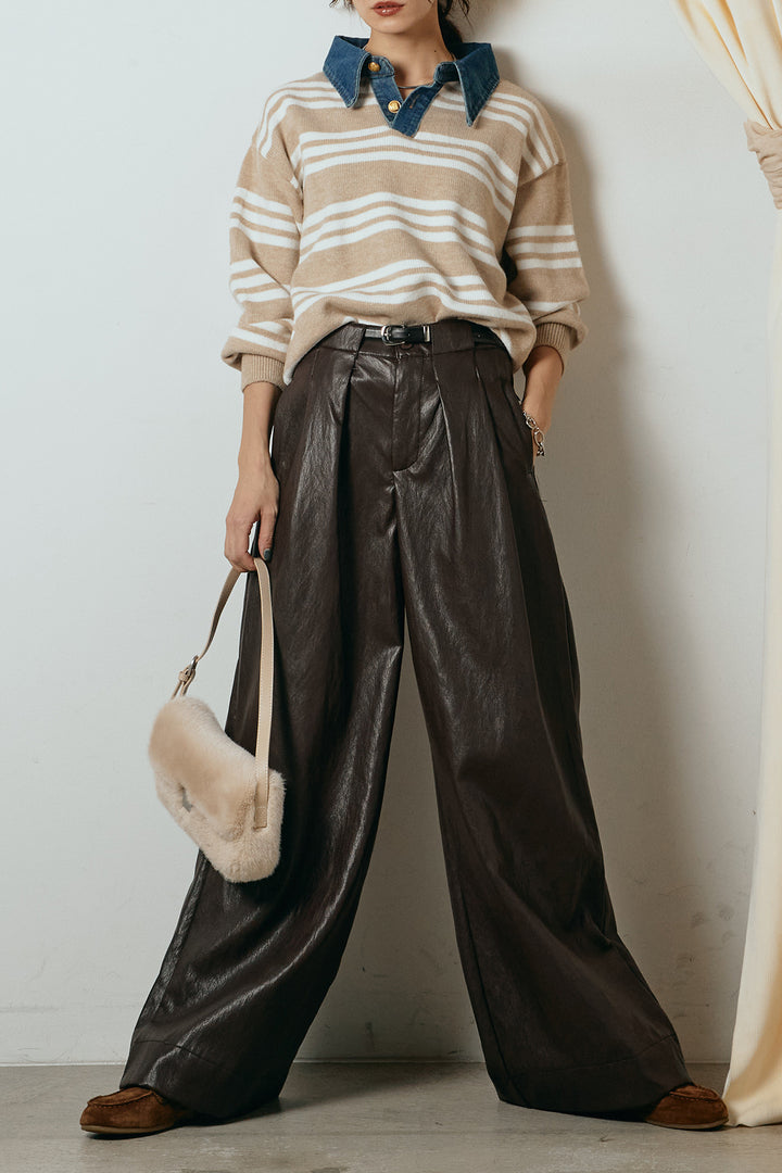 [SET]デニムレイヤード風ランダムボーダーニットプルオーバー+ベルト付きレザーライクタックパンツ(2set)