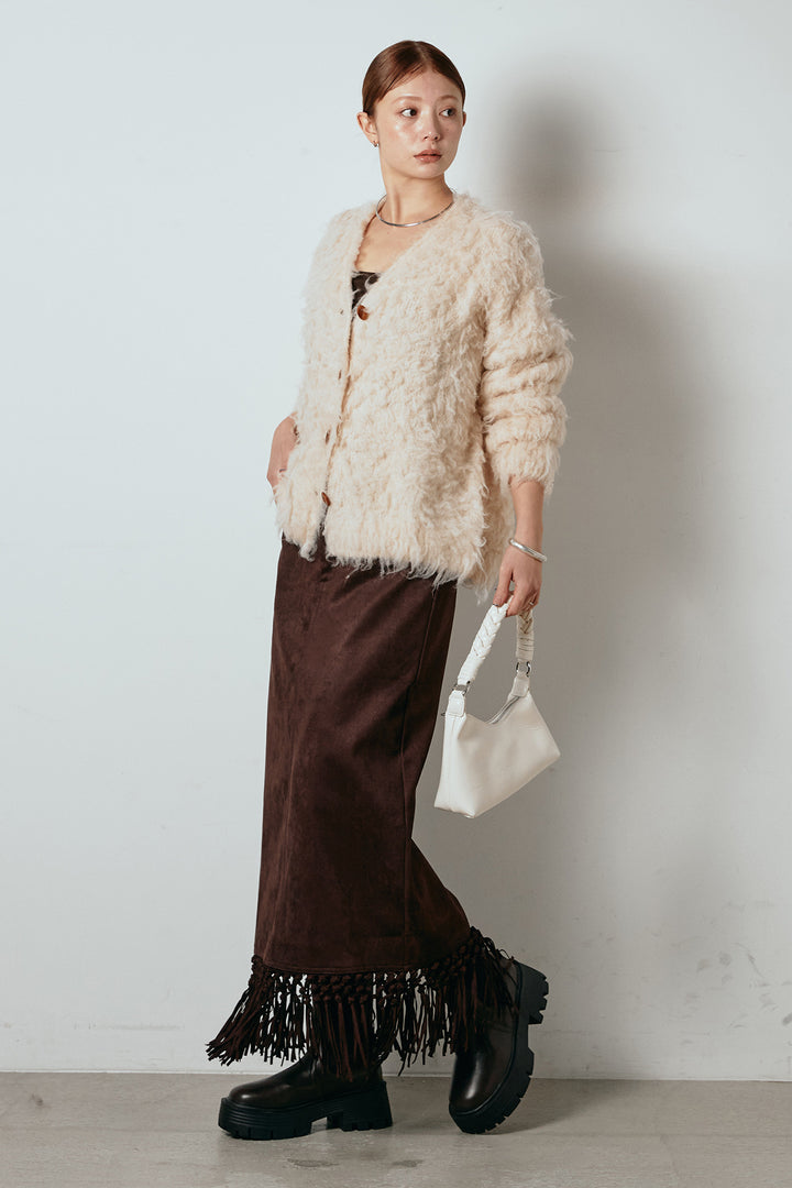 [SET]ルーズシャギーニットカーディガン+スウェードライク裾フリンジスカート(2set)