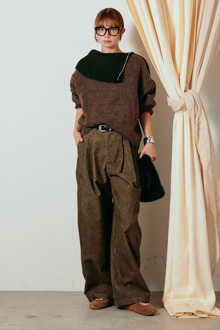 [SET]ハイネックジップデザインニットトップス+フロントタック入りコーデュロイパンツ(2set)