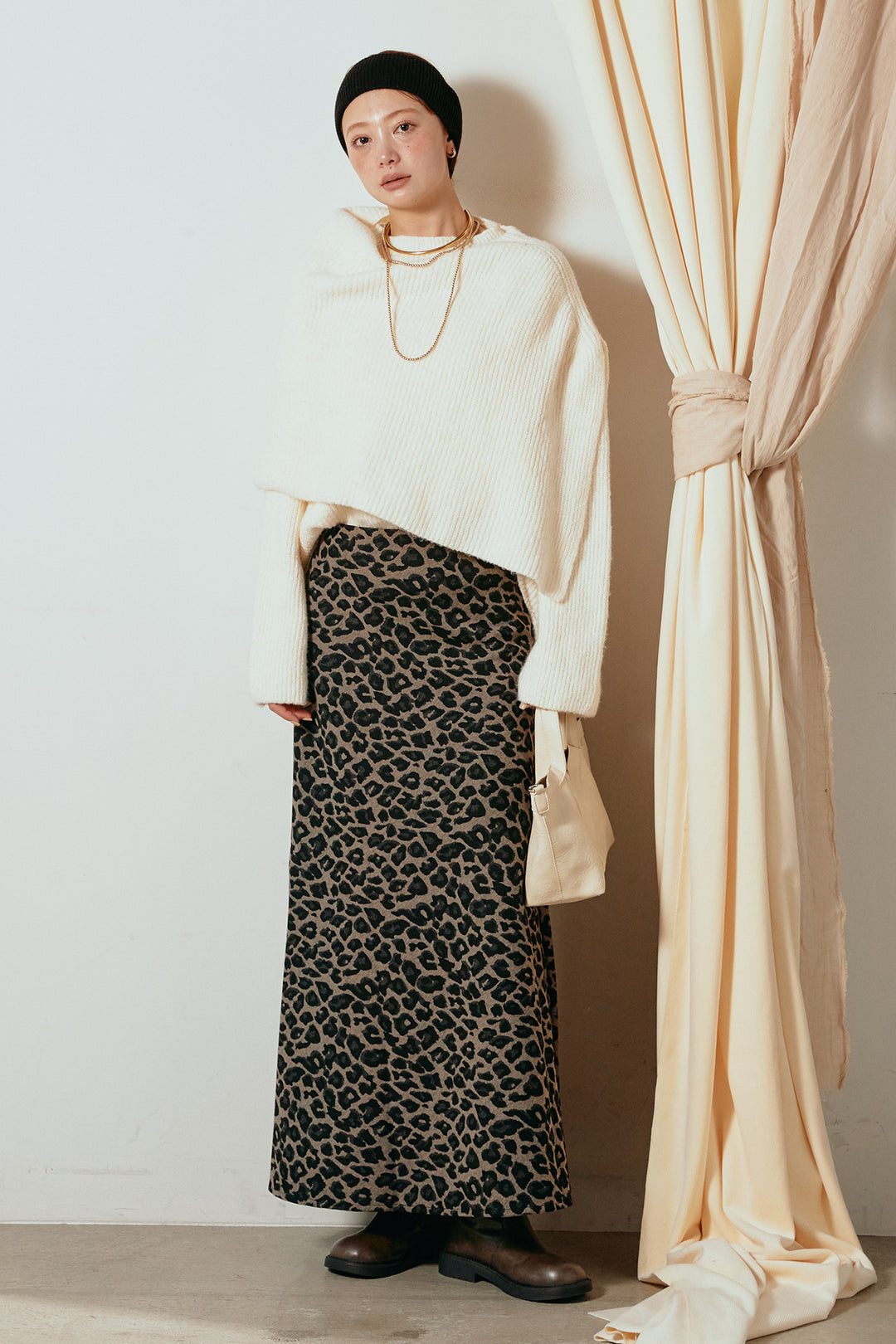 [SET]ケープデザインリブニットトップス+レオパードロングスカート(2set)