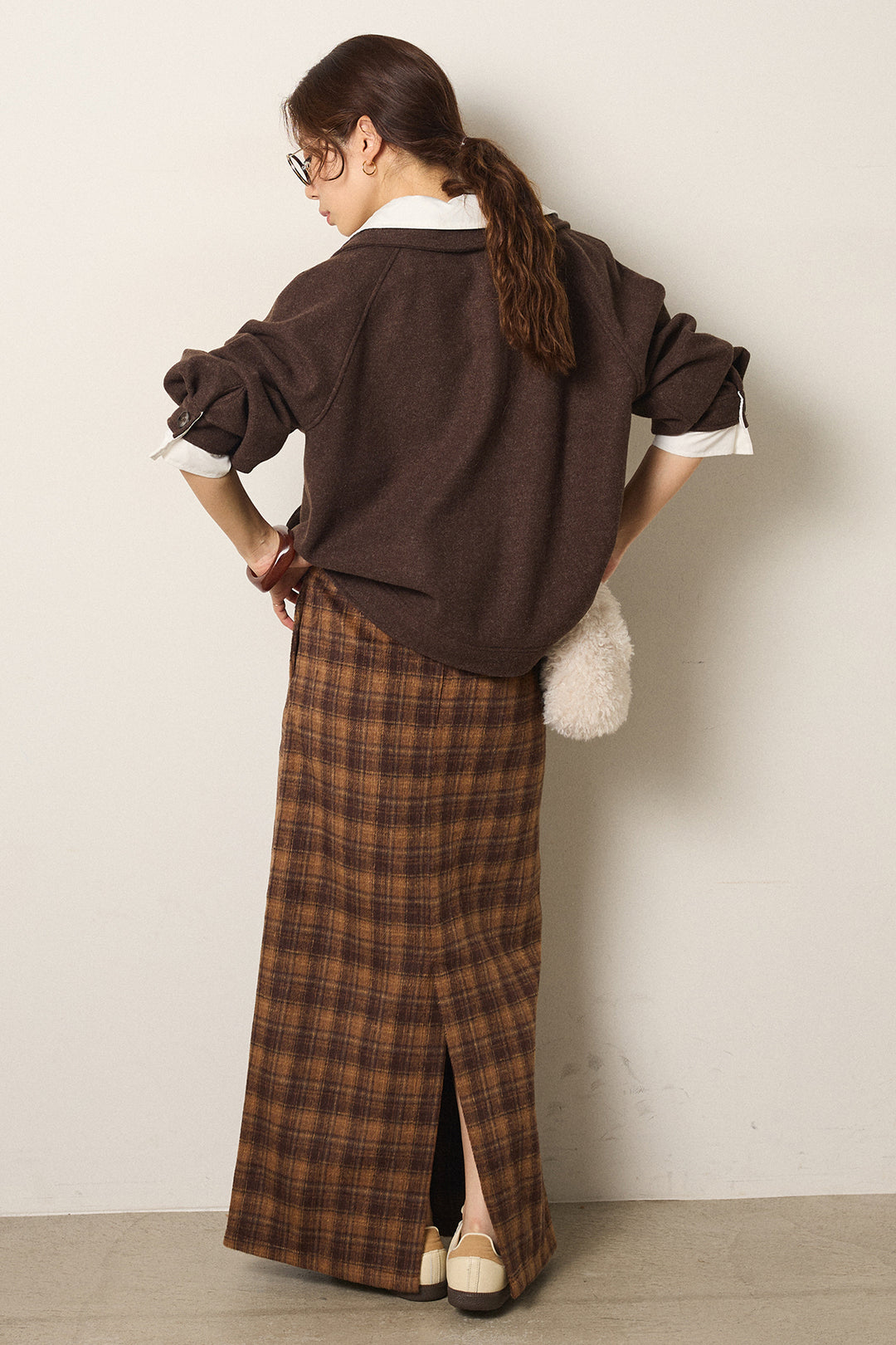 [SET]衿レイヤードフェイクウールジャケット+シャギーチェックストレートスカート(2set)