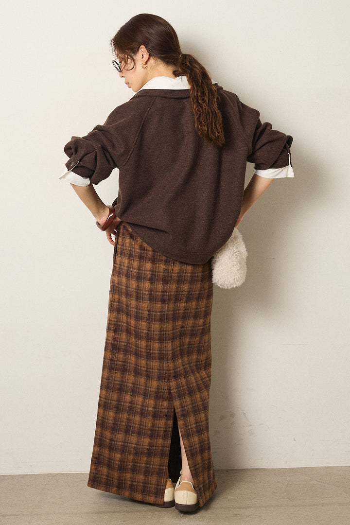 [SET]衿レイヤードフェイクウールジャケット+シャギーチェックストレートスカート(2set)