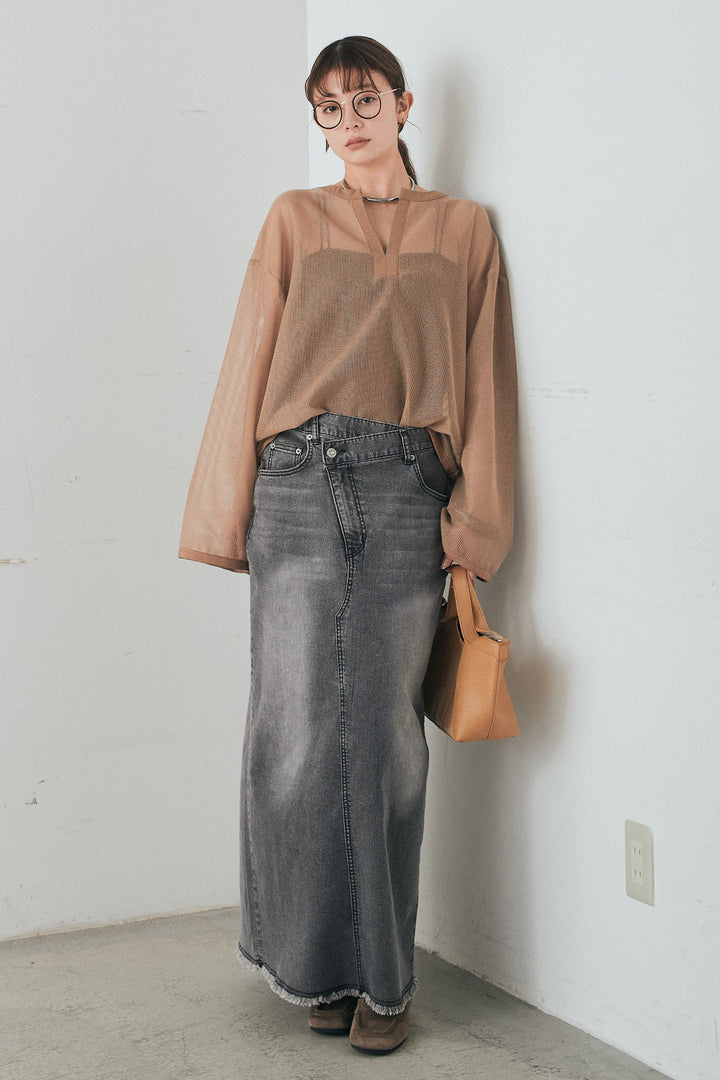 [SET]メッシュカットソースキッパープルオーバー+ウエストクロスデニムタイトスカート(2set)