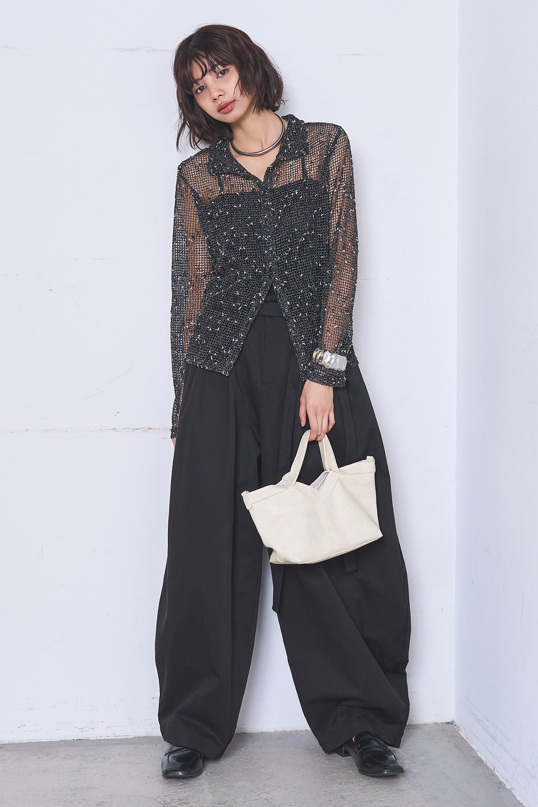 [SET]ネップメッシュポロ襟カーディガン+紐ベルト付きカーブワイドパンツ(2set)