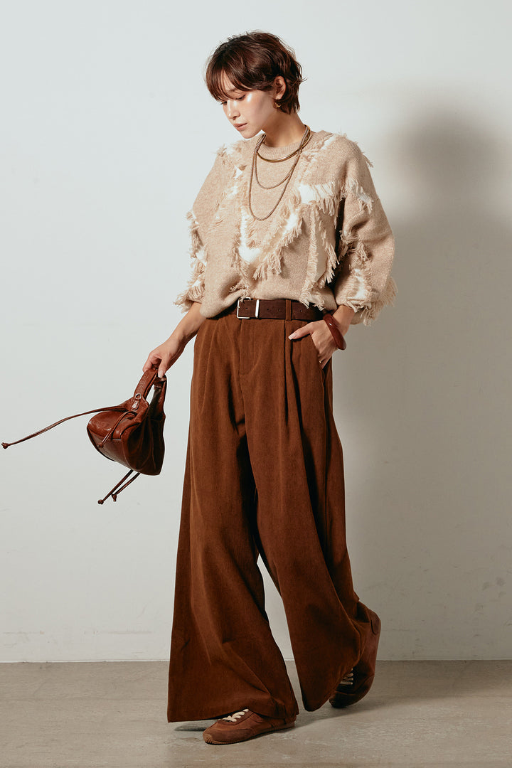 [SET]シャギージャガードニットトップス+太ベルト付きコーデュロイタックパンツ(2set)