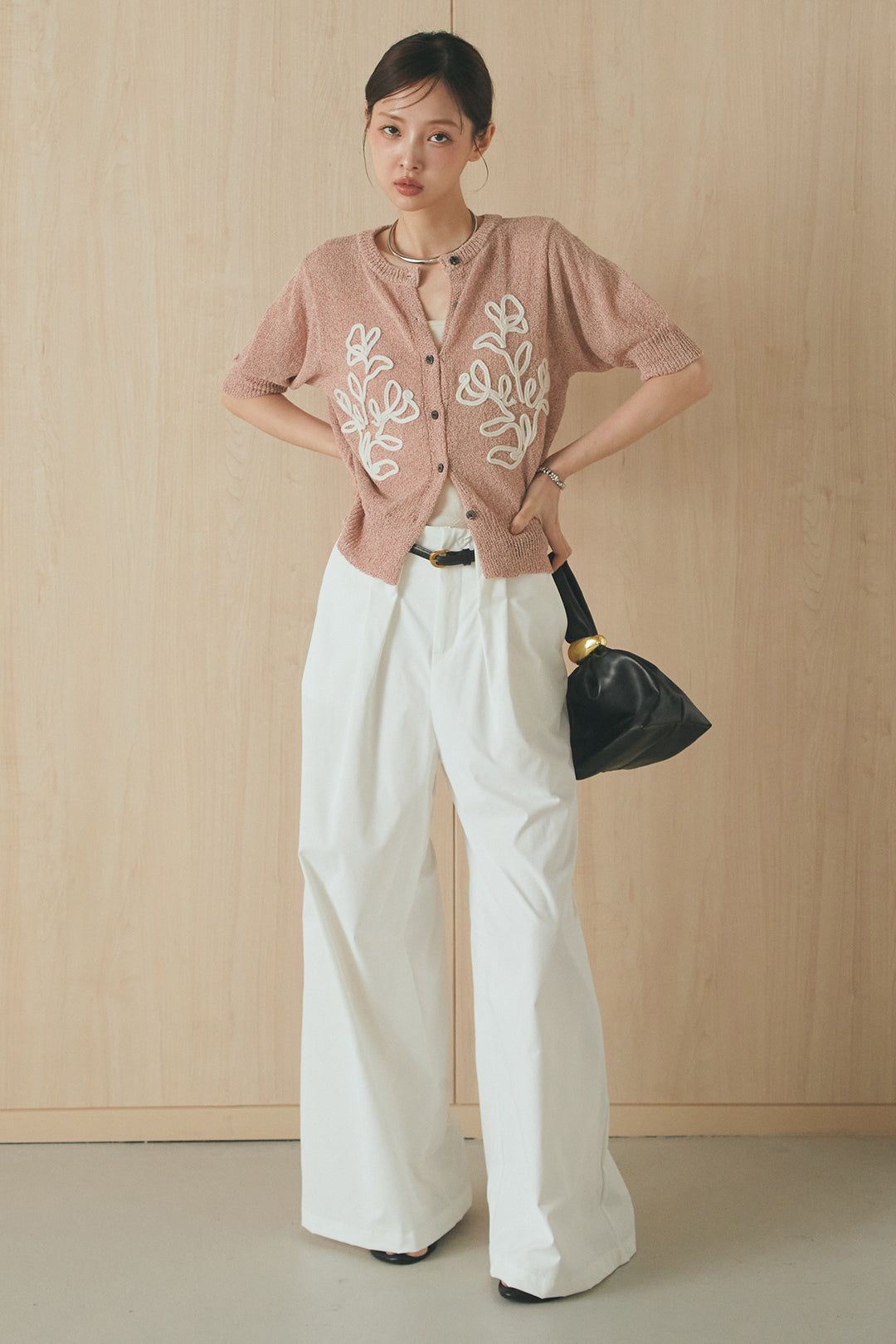 [SET]フロントテープデザイン半袖カーディガン+ベルトループデザインハイウエストタックパンツ(2set)