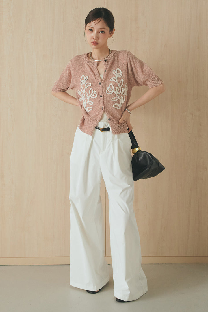 [SET]フロントテープデザイン半袖カーディガン+ベルトループデザインハイウエストタックパンツ(2set)