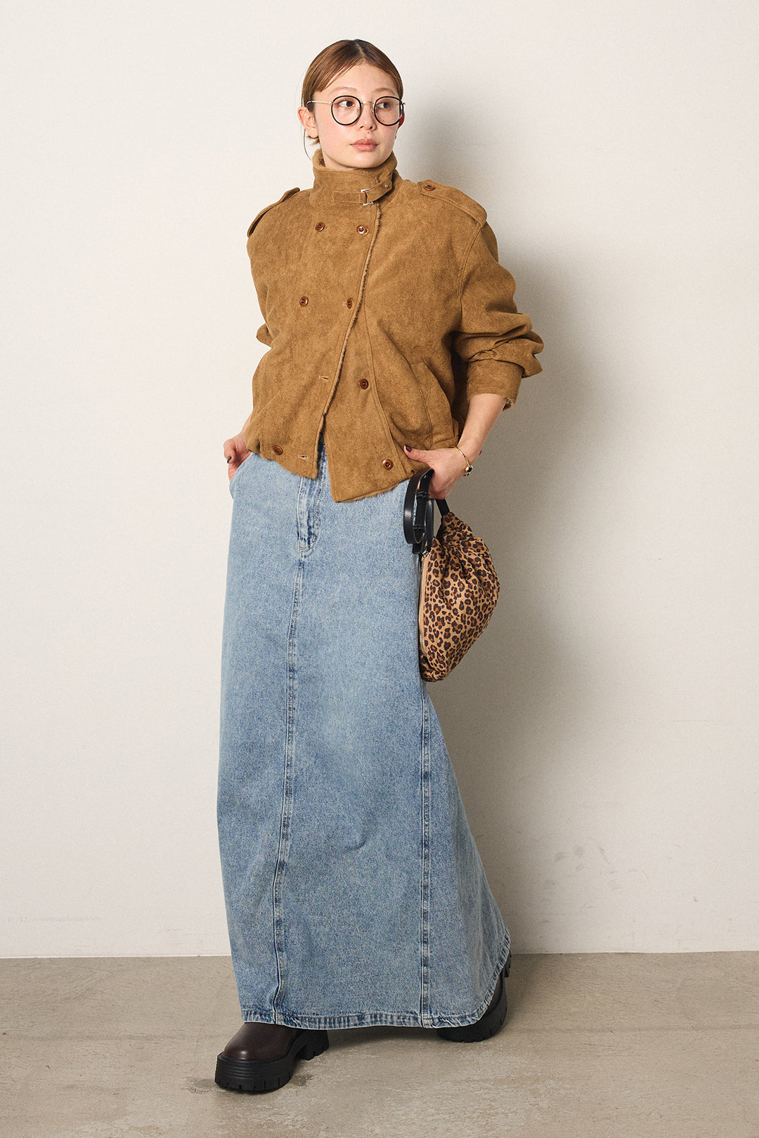 [SET]スタンド襟スウェードライクアウター+デニムロングフレアスカート(2set)