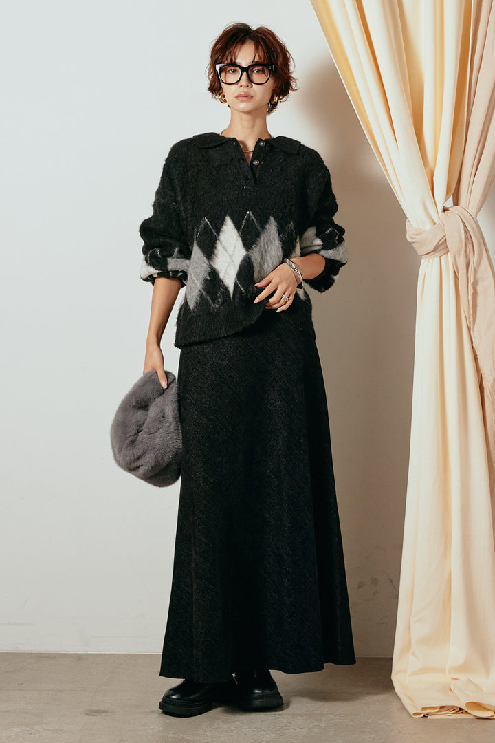 [SET]アーガイル柄ポロニットトップス+スウェードライクロングスカート(2set)