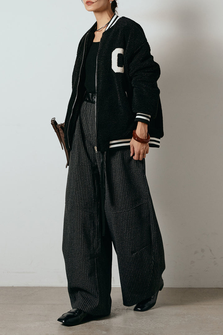 [SET]ロゴスタジャンボアブルゾン+レザーライク配色ストライプパンツ(2set)