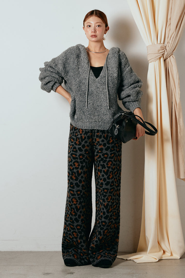 [SET]ブークレキーネックプルオーバー+リラックスレオパード柄ニットパンツ(2set)