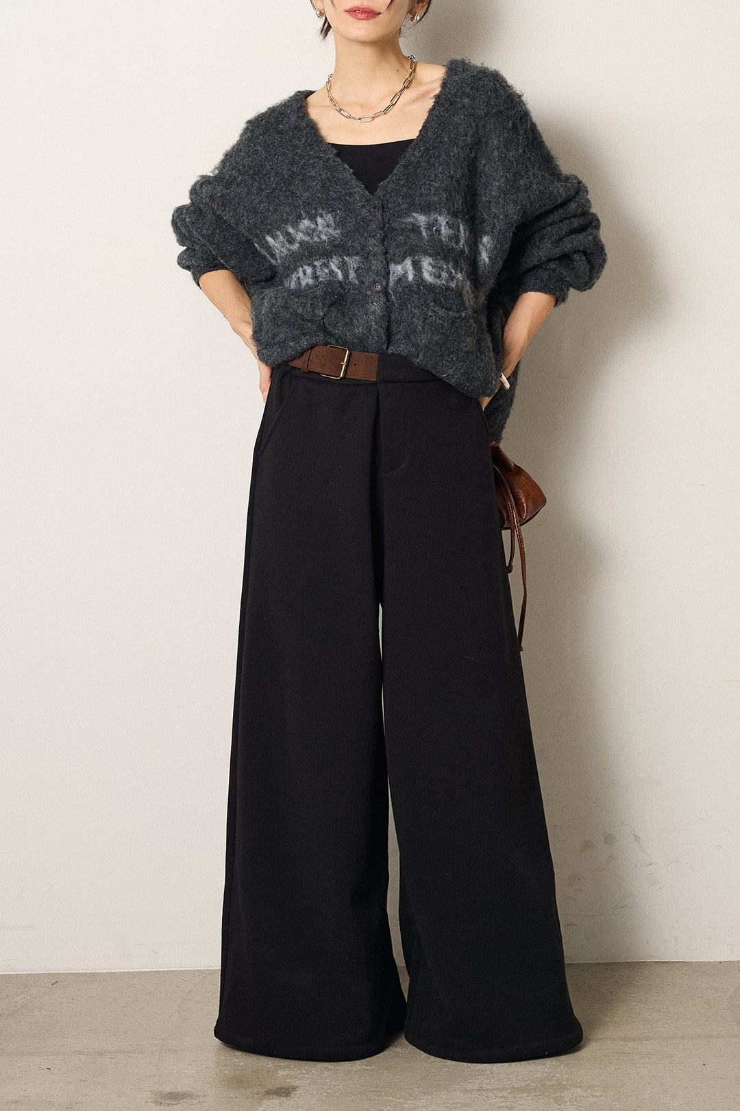 [SET]ウール混透かしロゴニットカーディガン+サイドベルトパンツ(2set)