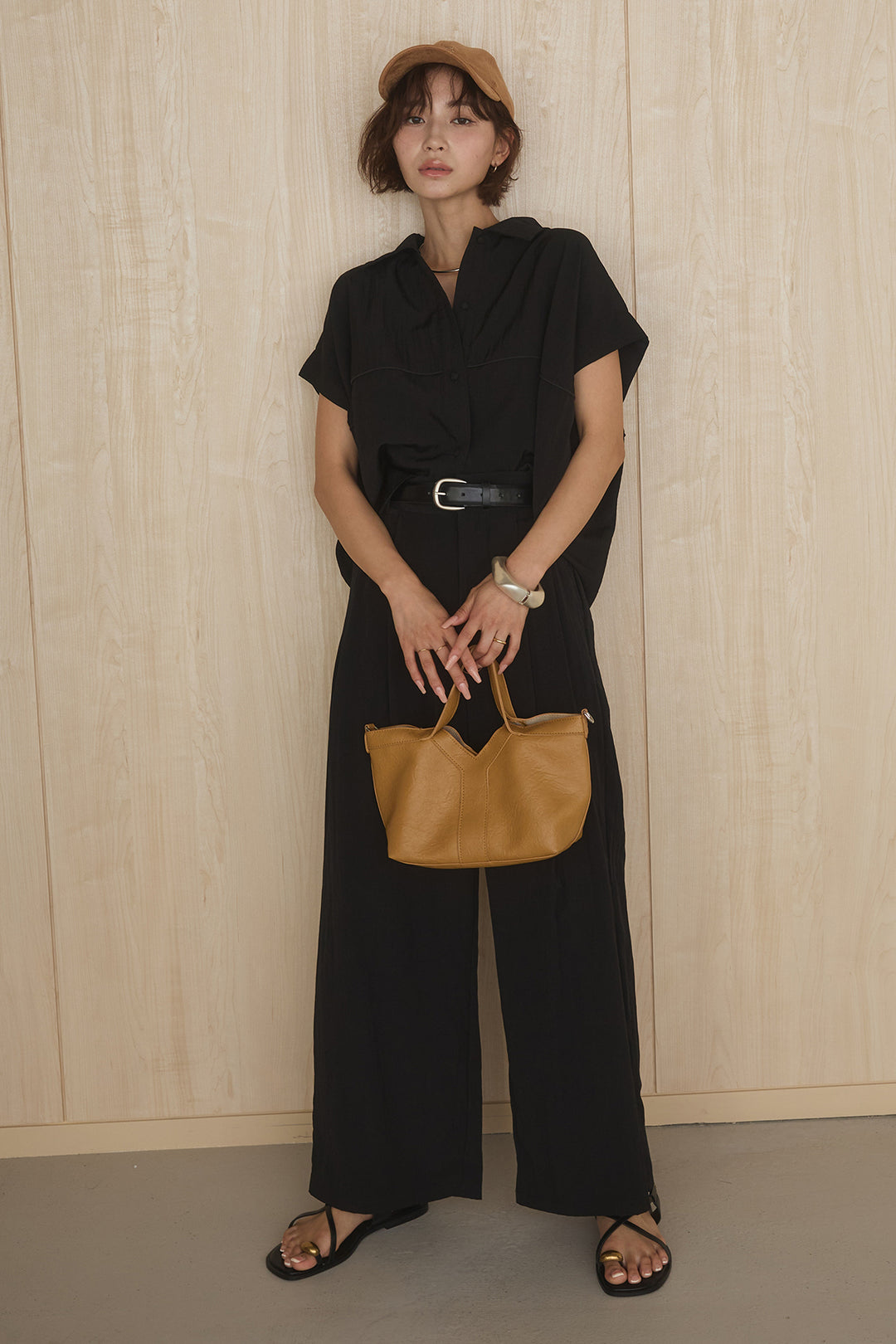 [SET]リネンライクランタンノースリシャツ+リネンライク2タックワイドパンツ(2set)