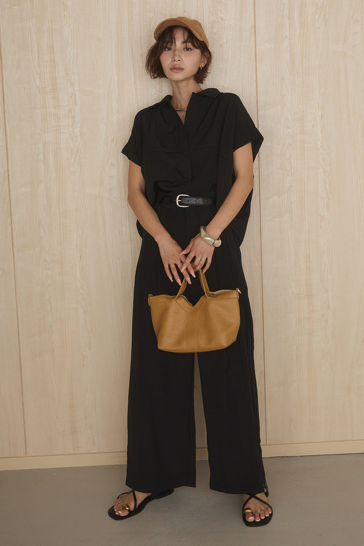 [SET]リネンライクランタンノースリシャツ+リネンライク2タックワイドパンツ(2set)