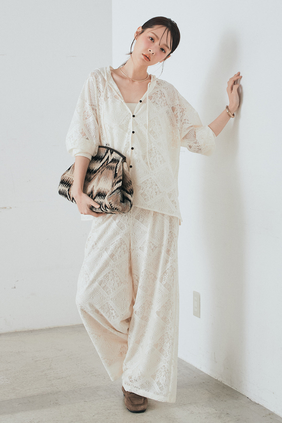 [SET]ブロックレースフード付きブラウス+リラックスブロックレースワイドパンツ(2set)