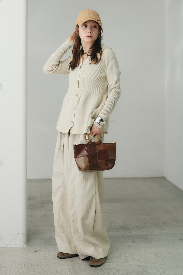 [SET]スキッパーペプラムニット+フェイクレザーカーブワイドパンツ(2set)