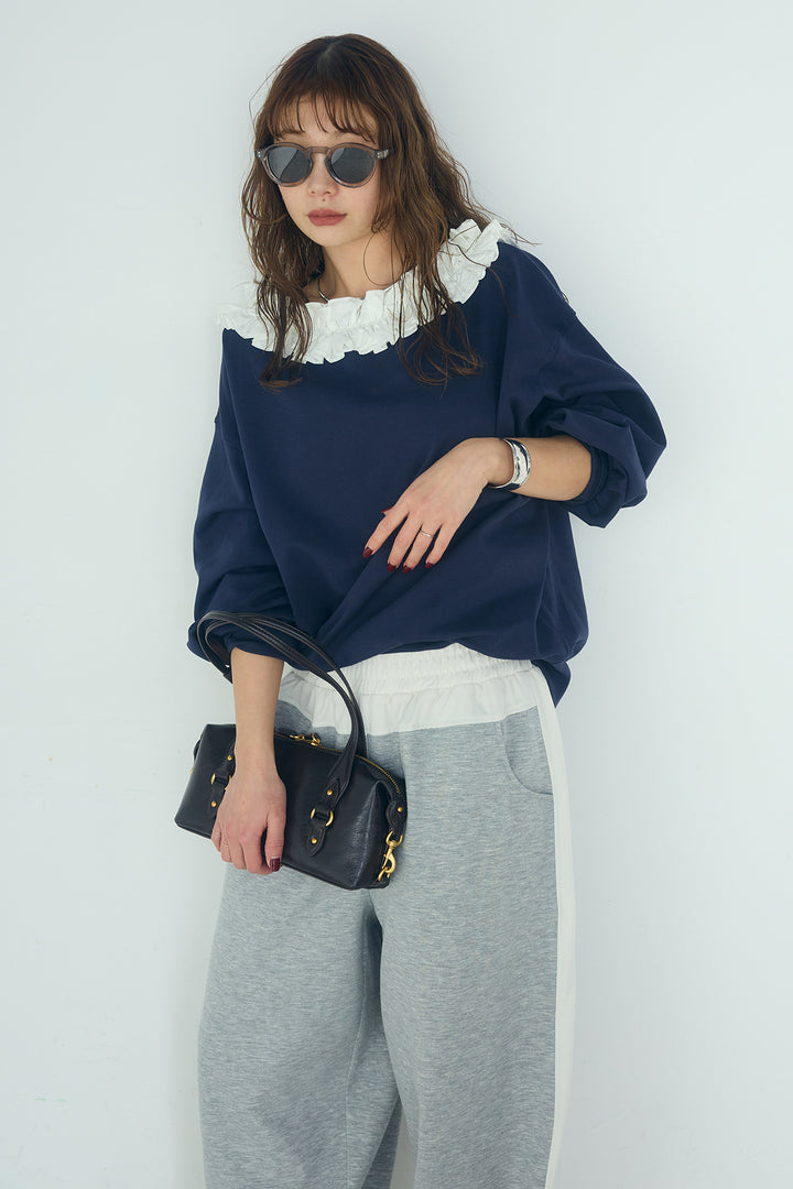 [SET]ネックギャザーフリルスウェット+異素材切り替えスウェットパンツ(2set)