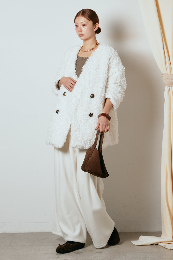 [SET]シープライクファージャケット+フェイクレザー太ベルト付きタックワイドパンツ(2set)