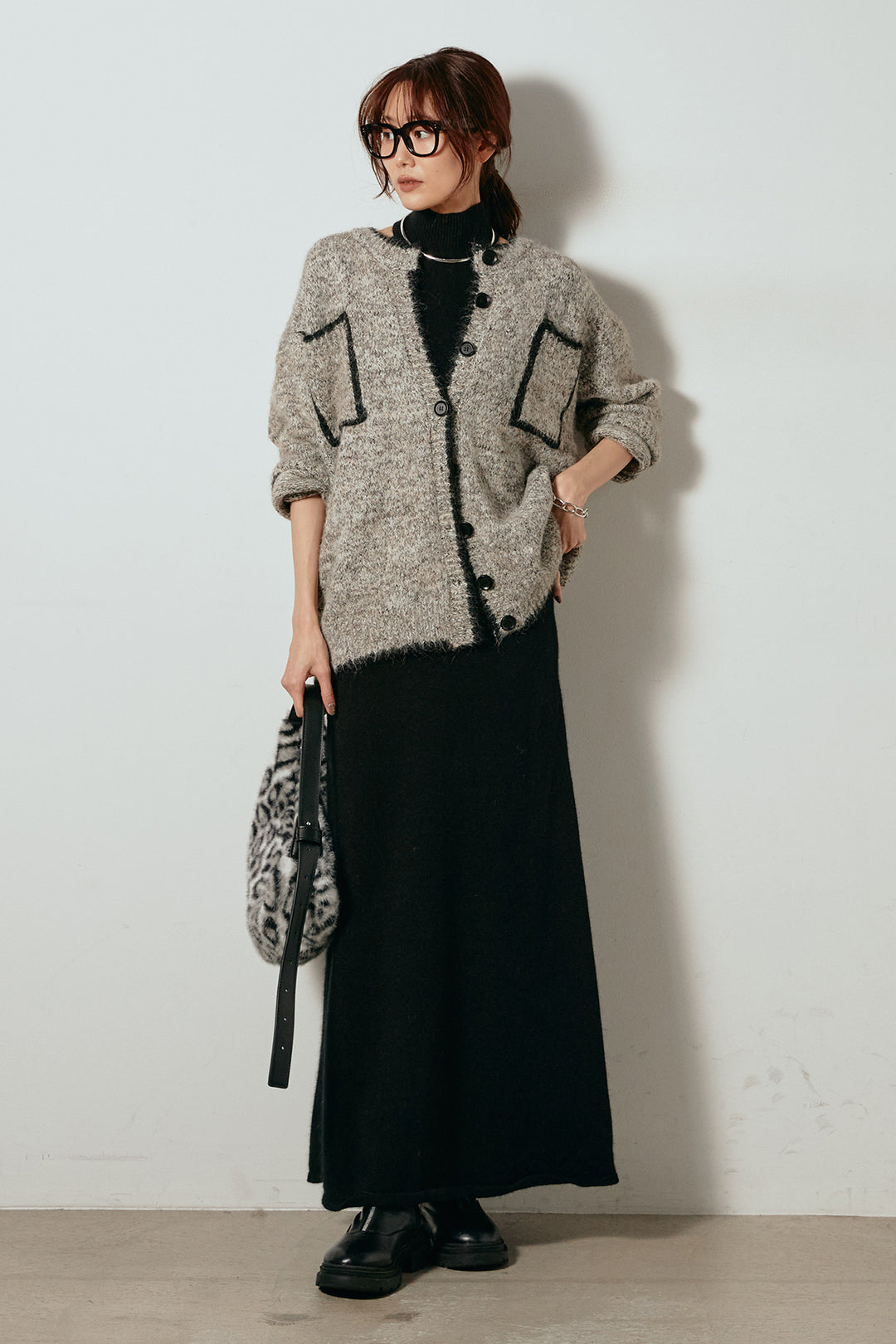 [SET]ミックスニットポケットカーディガン+ノースリーブニットロングワンピース(2set)