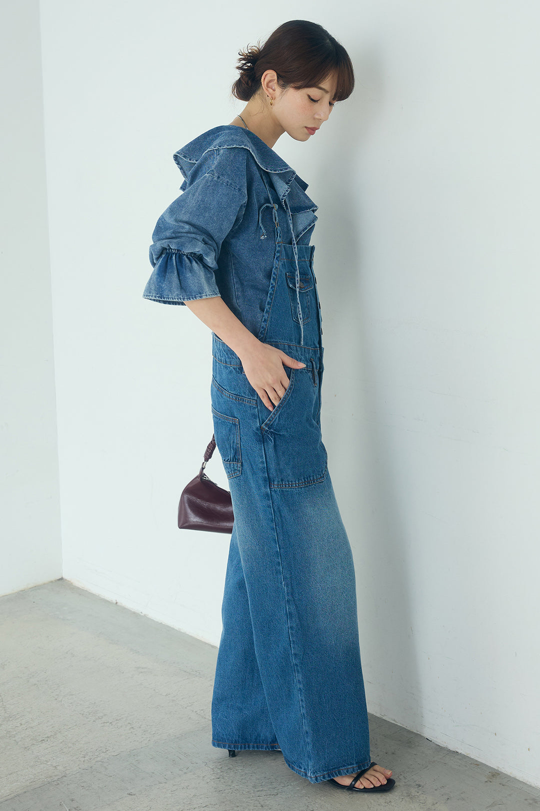 [SET]デニムフリルブラウス+デニムサロペットワイドパンツ(2set)