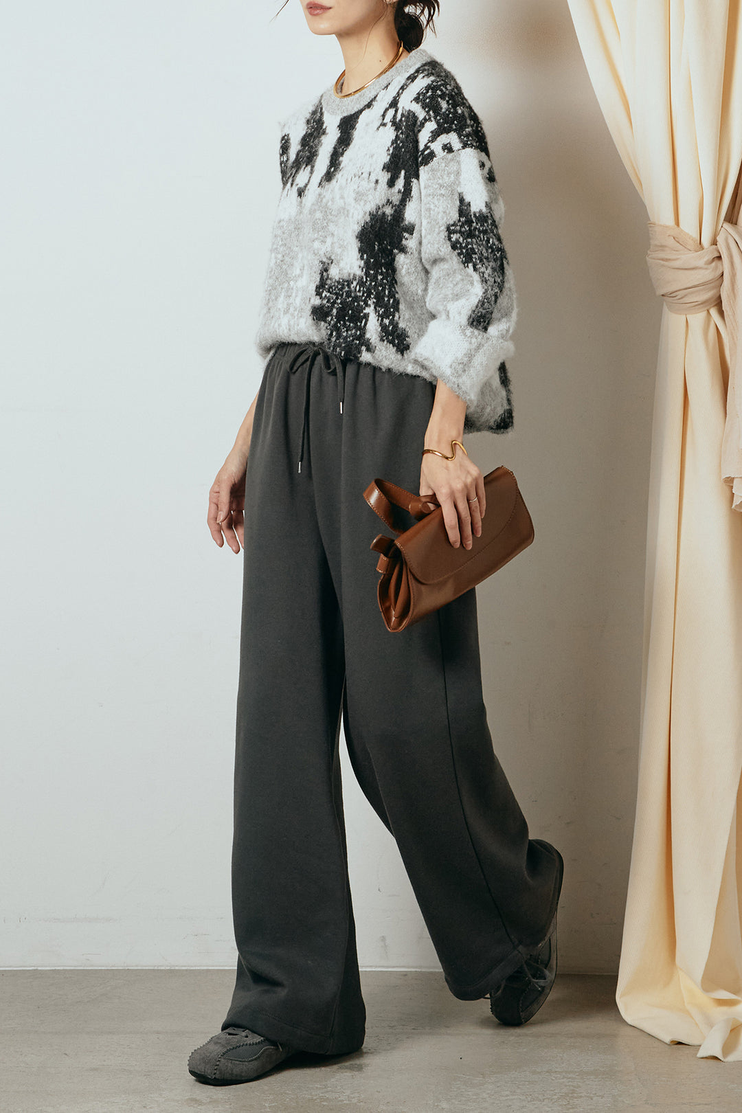 [SET]起毛ニュアンス柄ニットプルオーバー+裏起毛スウェットワイドパンツ(2set)