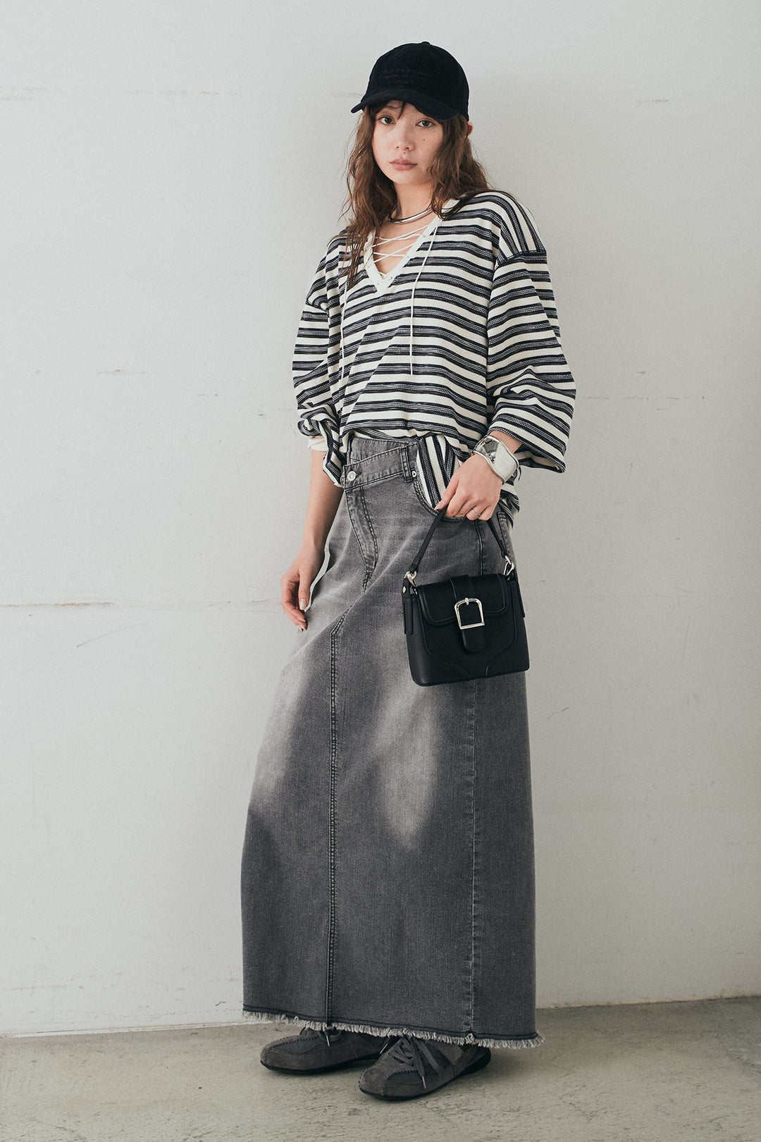 [SET]レースアップワッフルボーダートップス+ウエストクロスデニムタイトスカート(2set)