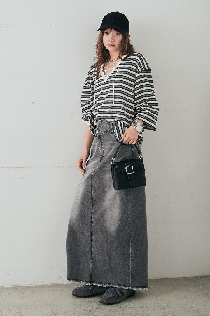 [SET]レースアップワッフルボーダートップス+ウエストクロスデニムタイトスカート(2set)