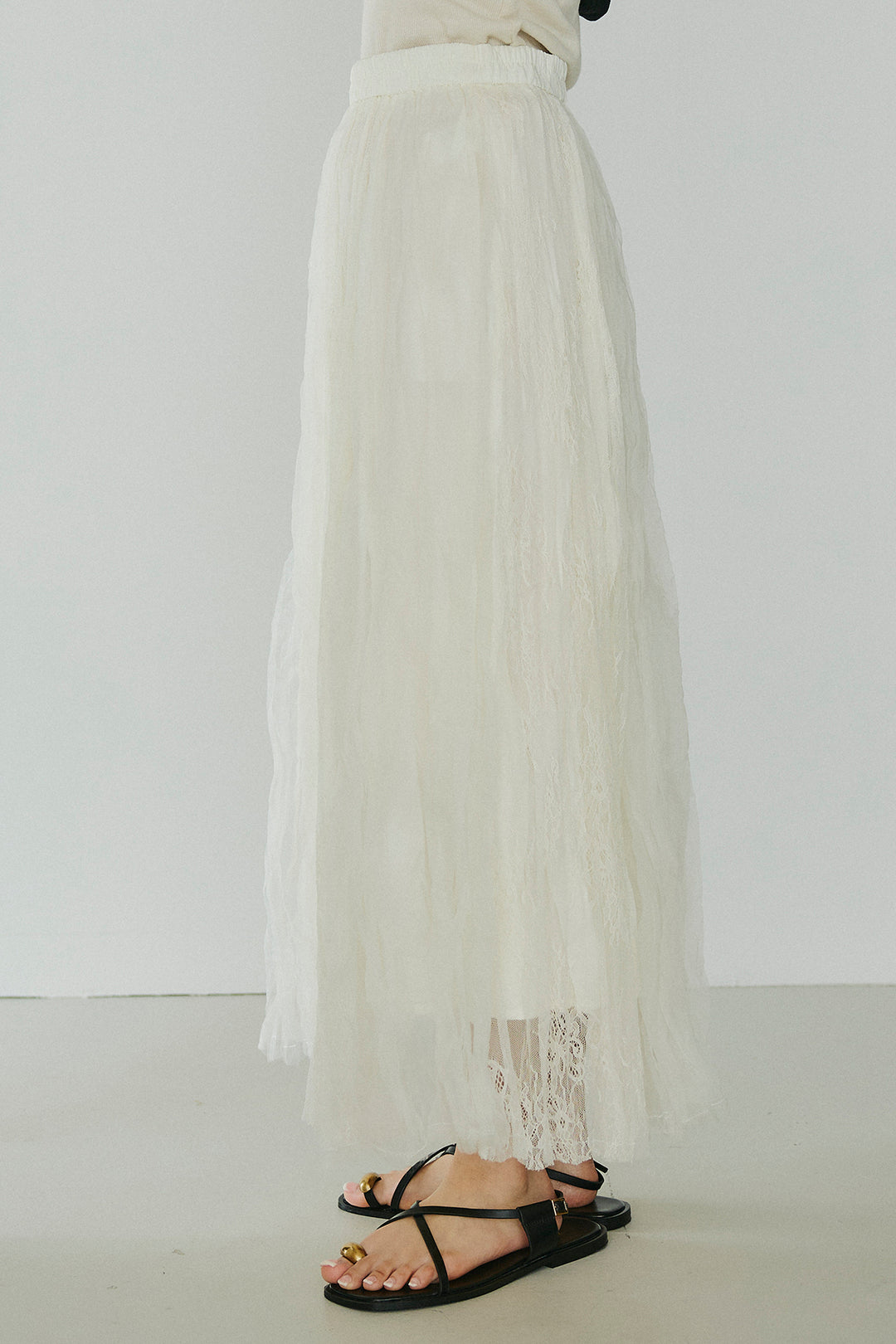 [SET]レースロゴ刺繍Tシャツ+レースコンビワッシャーギャザースカート(2set)