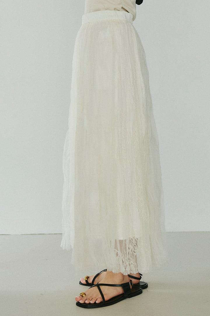 [SET]レースロゴ刺繍Tシャツ+レースコンビワッシャーギャザースカート(2set)