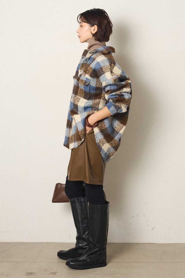 [SET]起毛チェック柄ポケットアウター+ストレッチエコレザーバミューダパンツ(2set)