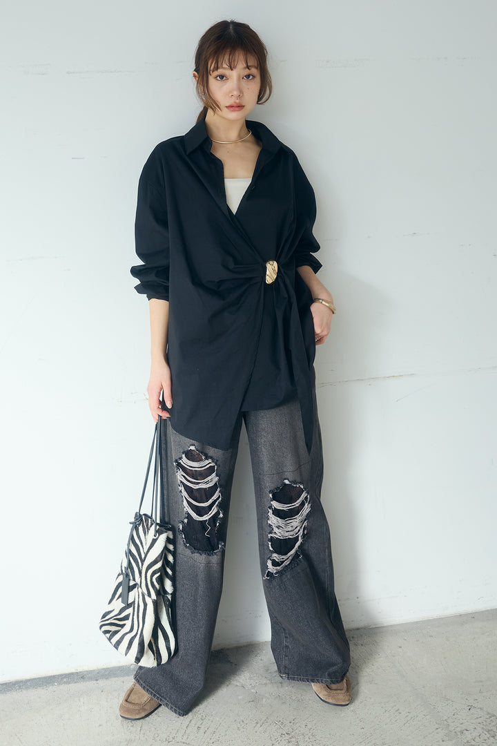 [SET]サイド留め具デザインシャツ+デニムレース付きワイドパンツ(2set)