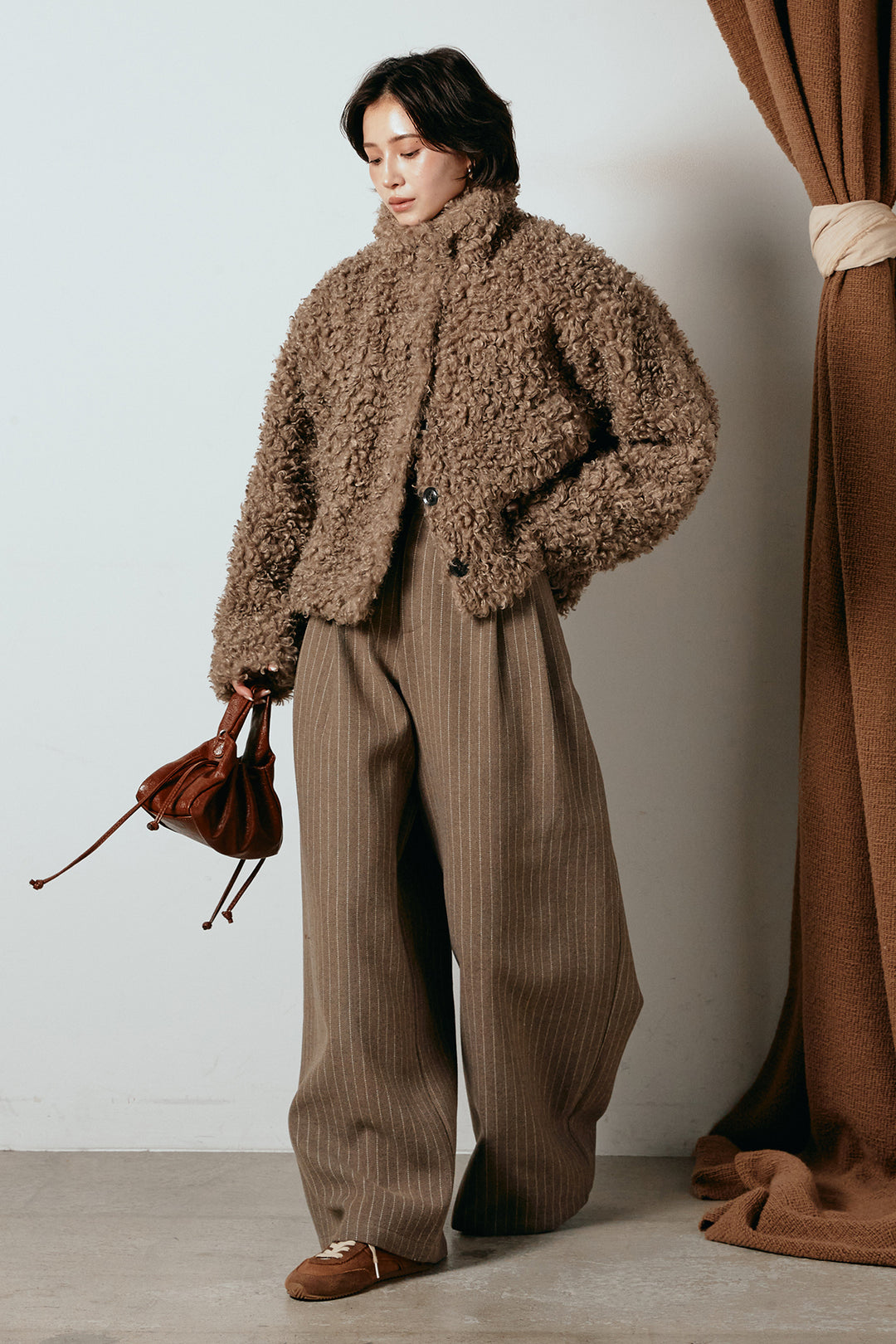 [SET]プードルファーミドルジャケット+ウールライクストライプパンツ(2set)