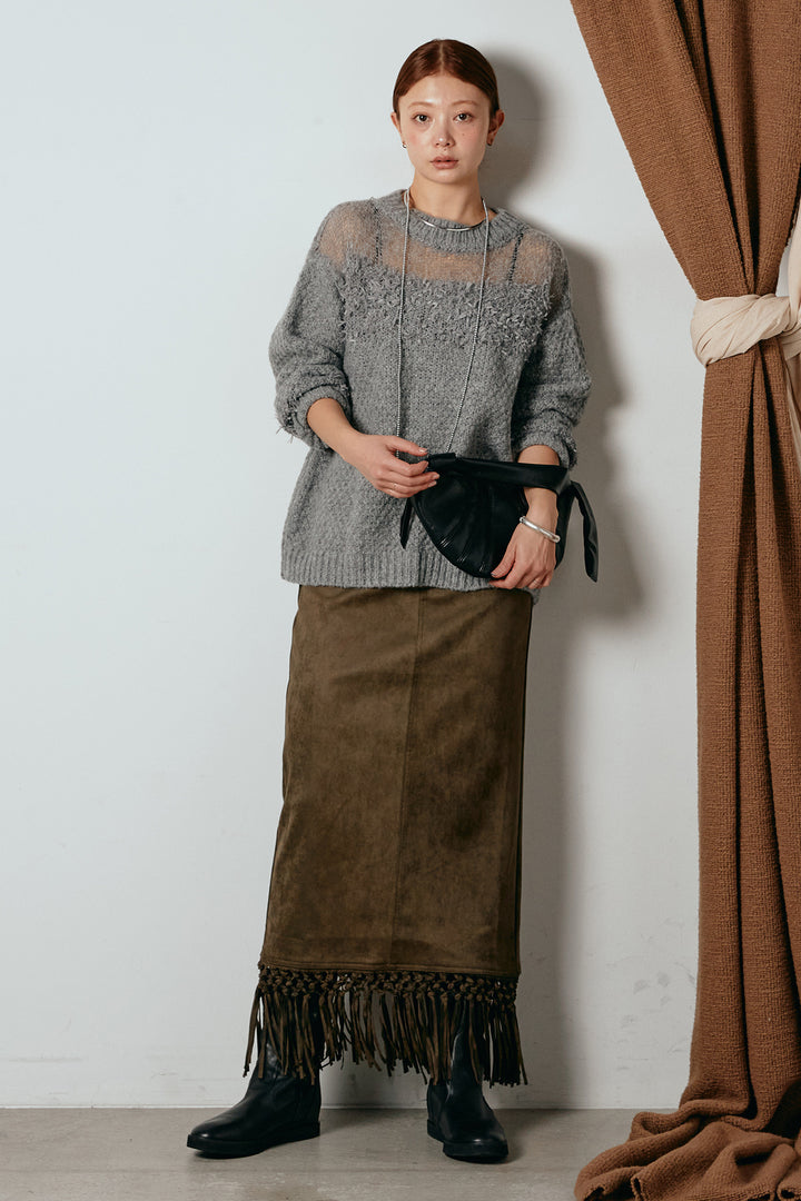 [SET]パターンランダム編みニットトップス+スウェードライク裾フリンジスカート(2set)