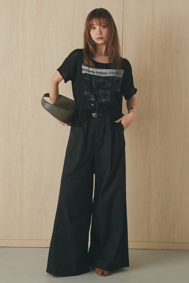 [SET]半袖モノトーングラフィックトップス+ベルトループデザインハイウエストタックパンツ(2set)