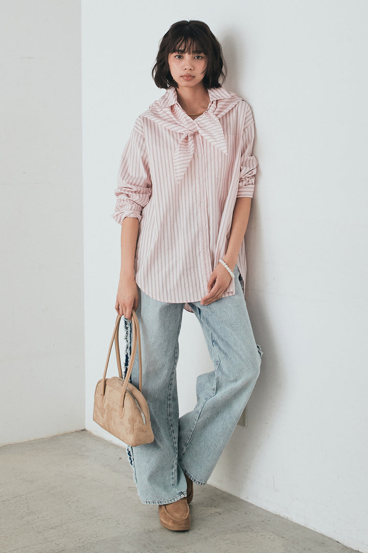 [SET]ランダムストライプスカーフ付きシャツ+デニムサイドフリルパンツ(2set)