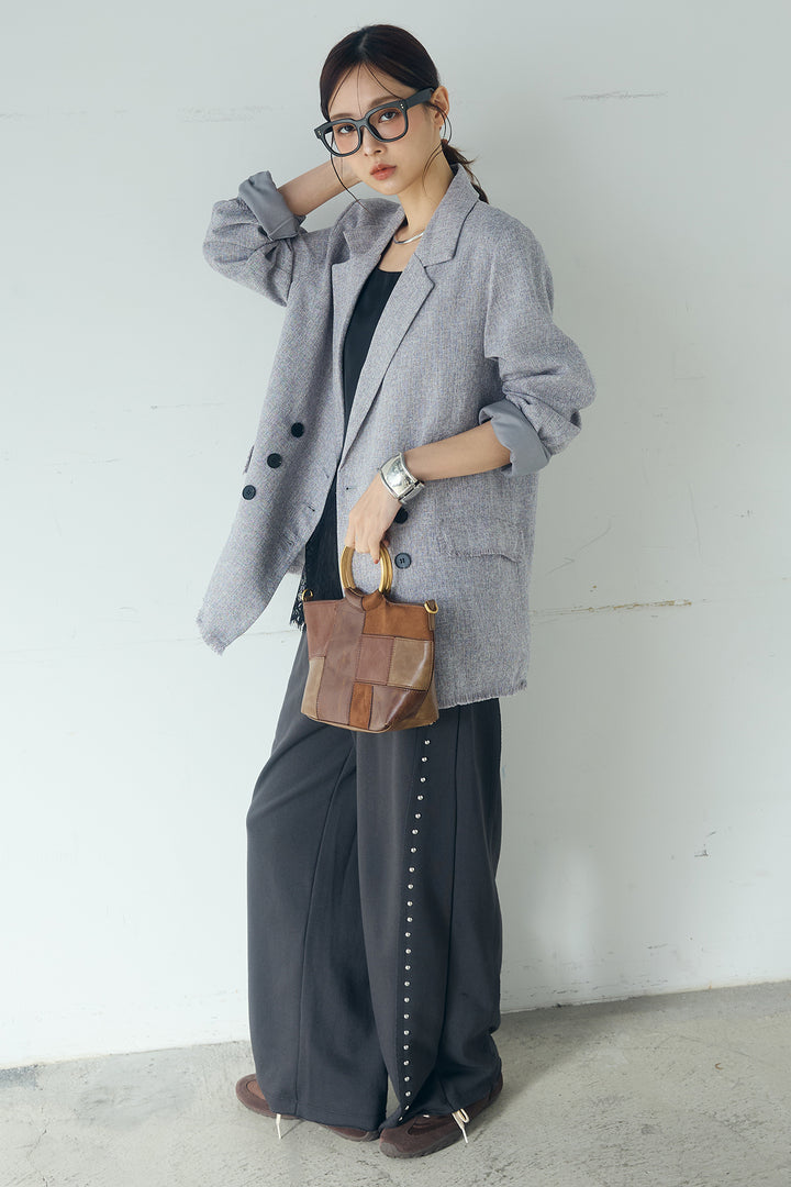 [SET]スラブネップツイードフリンジテーラードジャケット+サイドデザイン入りスウェットパンツ+裾レースキャミソール(3set)