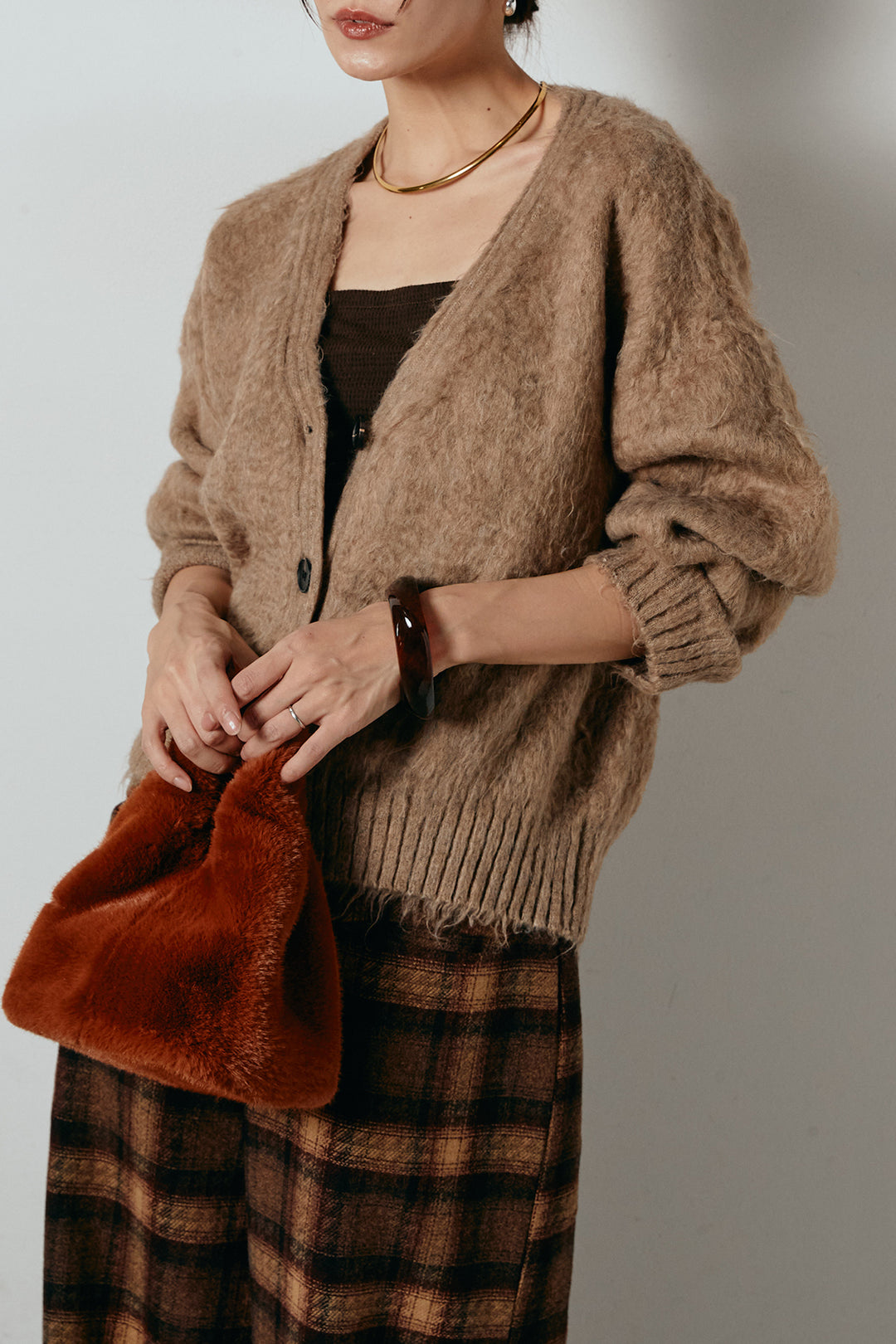 起毛ボタンニットカーディガン/カーキ